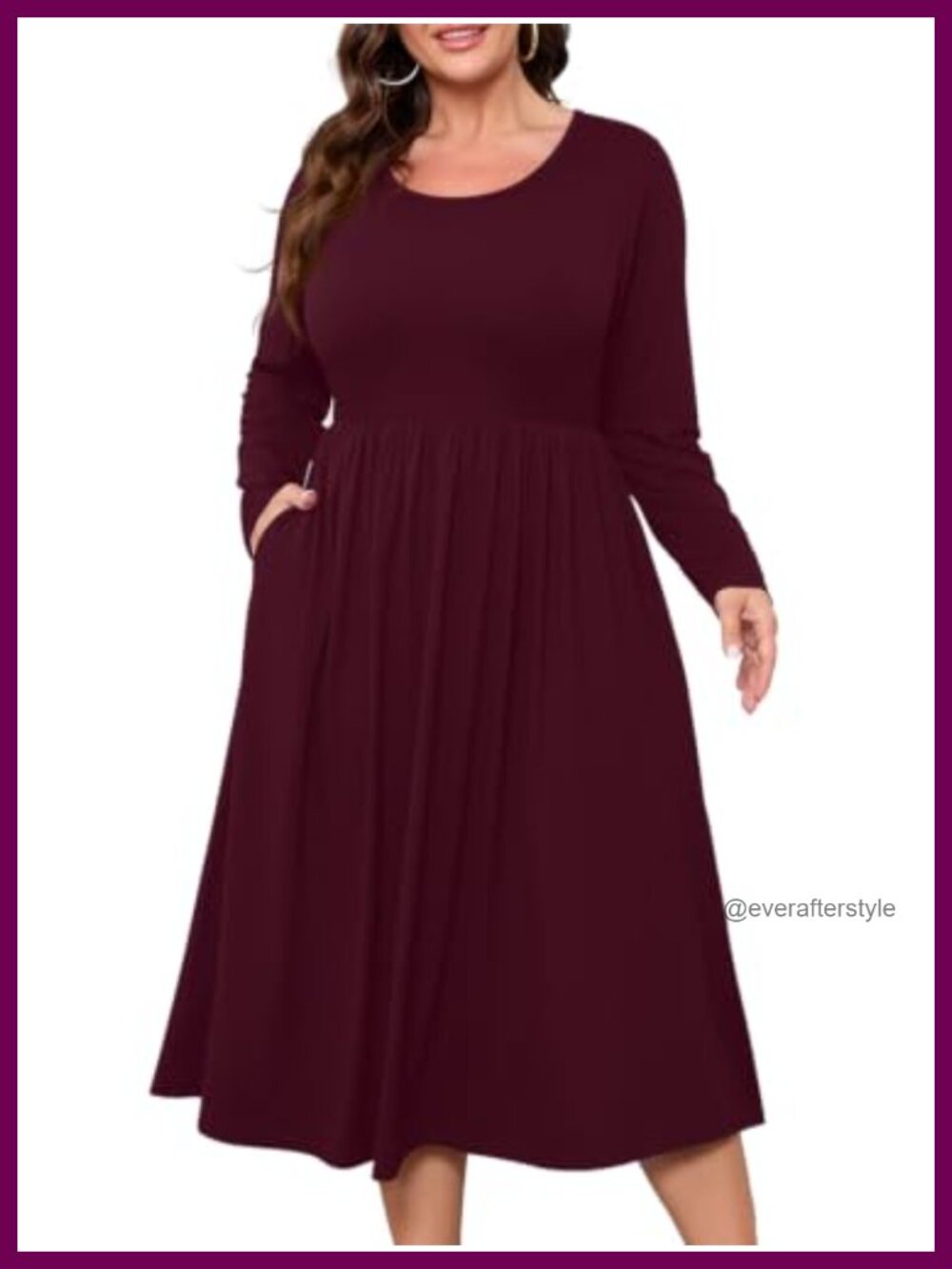 Plus Size A Line Midi Dress with Pockets Long Sleeve Scoop Neck Empire Waist